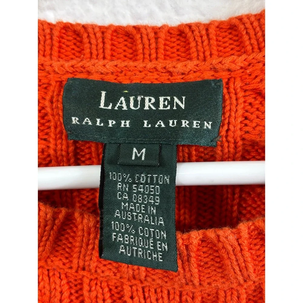 Lauren Ralph Lauren Orange Cable‎ Knit Crest Sweater Medium Cotton Long Sleeve